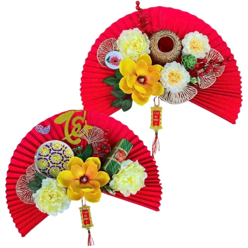 Set Quạt Giấy Lớn - Quạt Xếp Đỏ Trang Trí Tết