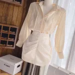 Sét sơ mi nude + chân váy midi xẻ