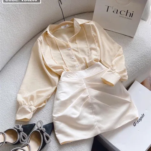 Sét sơ mi nude xếp ly + chân váy
