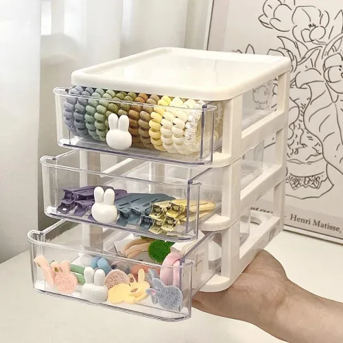 Tủ Nhựa 3 Tầng Mini Đựng Mỹ Phẩm Phụ Kiện Để Bàn Có Tay Cầm Thỏ 15.5x13x16.5cm