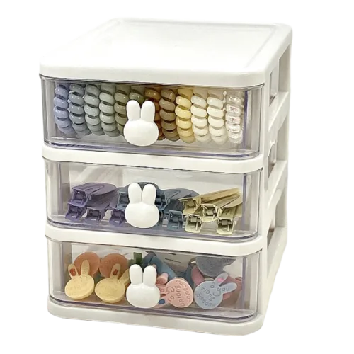 Tủ Nhựa 3 Tầng Mini Đựng Mỹ Phẩm Phụ Kiện Để Bàn Có Tay Cầm Thỏ 15.5x13x16.5cm