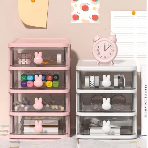Tủ Nhựa 3 Tầng Mini Đựng Mỹ Phẩm Phụ Kiện Để Bàn Có Tay Cầm Thỏ 15.5x13x16.5cm