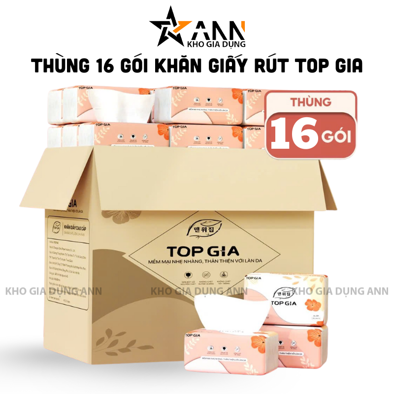 Hình ảnh thùng 16 gói và các gói khăn giấy rút đi kèm
