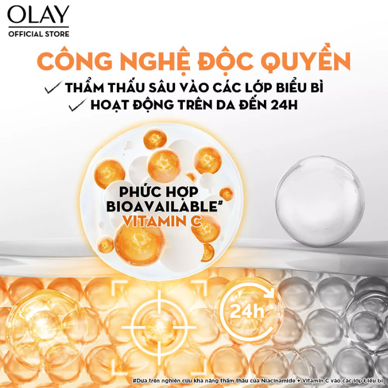 Minh họa công nghệ Bioavailable Vitamin C và thông tin hoạt động trên da đến 24 giờ