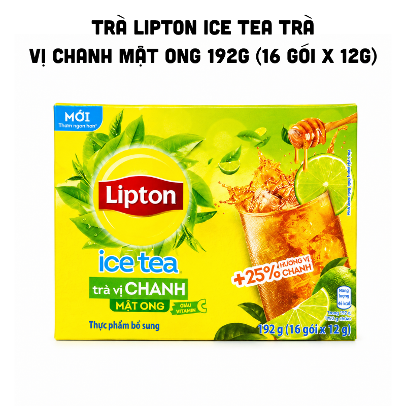 Mặt trước hộp với thông tin vị chanh mật ong và quy cách 16 gói x 12g