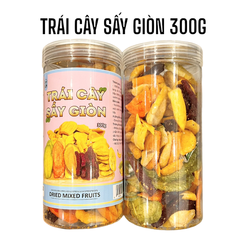 Hũ sản phẩm 300g và phần trái cây sấy bên trong