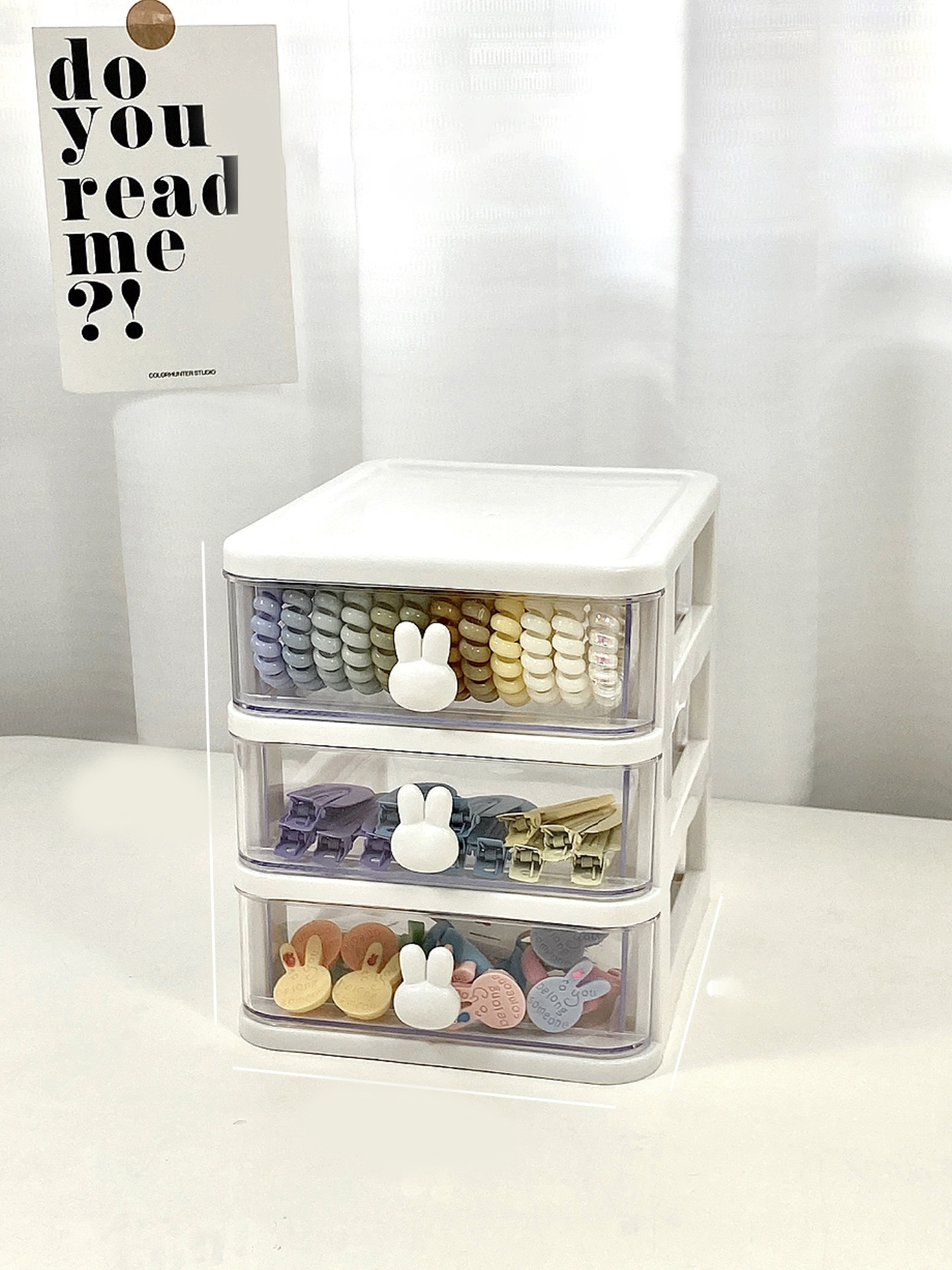Tủ Nhựa 3 Tầng Mini Để Bàn Tay Cầm Thỏ 15.5x13x16.5cm (Ngăn 5cm) - Mỹ Phẩm Phụ Kiện