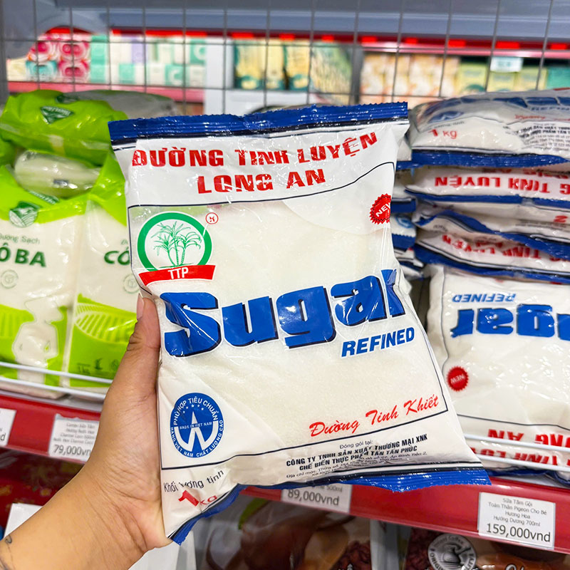 Mặt trước bao bì: đường tinh luyện (refined) gói 1kg