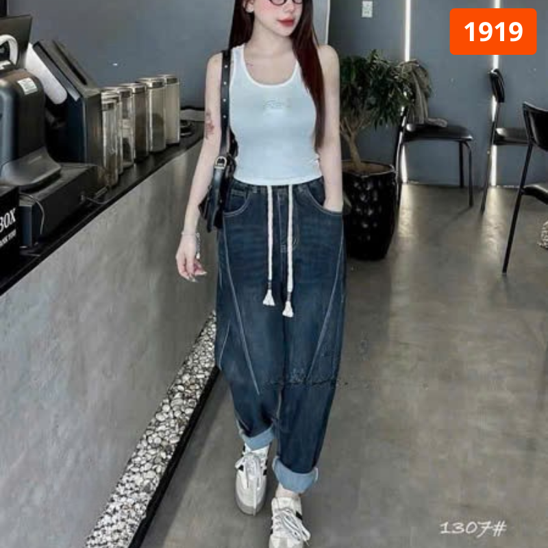 Quần Jeans Nữ Ống Suông Dài Dây Rút Túi Kiểu