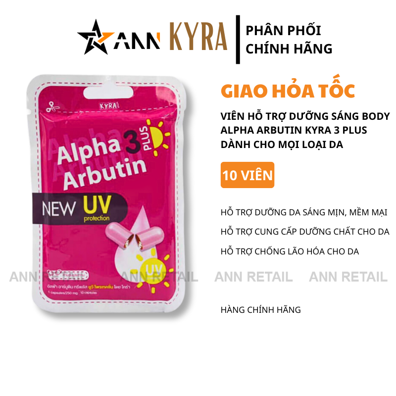 Viên Bột Body Kyra Alpha Arbutin 3 Plus New UV Protection Túi 10 Viên