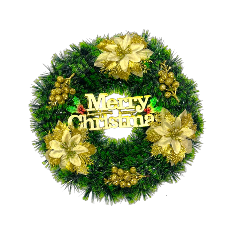 Mẫu vòng tông xanh vàng với hoa và chữ Merry Christmas