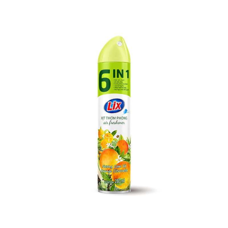 Xịt Thơm Phòng LIX 6 IN 1 Hương Cam Sả 280ml phù hợp để tham khảo khi chọn Xịt phòng, sáp thơm, xịt côn trùng