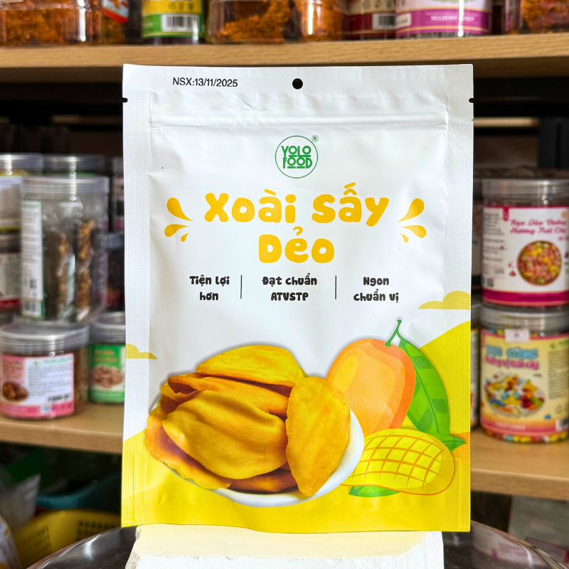 Mặt trước bao bì túi zip với tên sản phẩm và hình minh họa miếng xoài