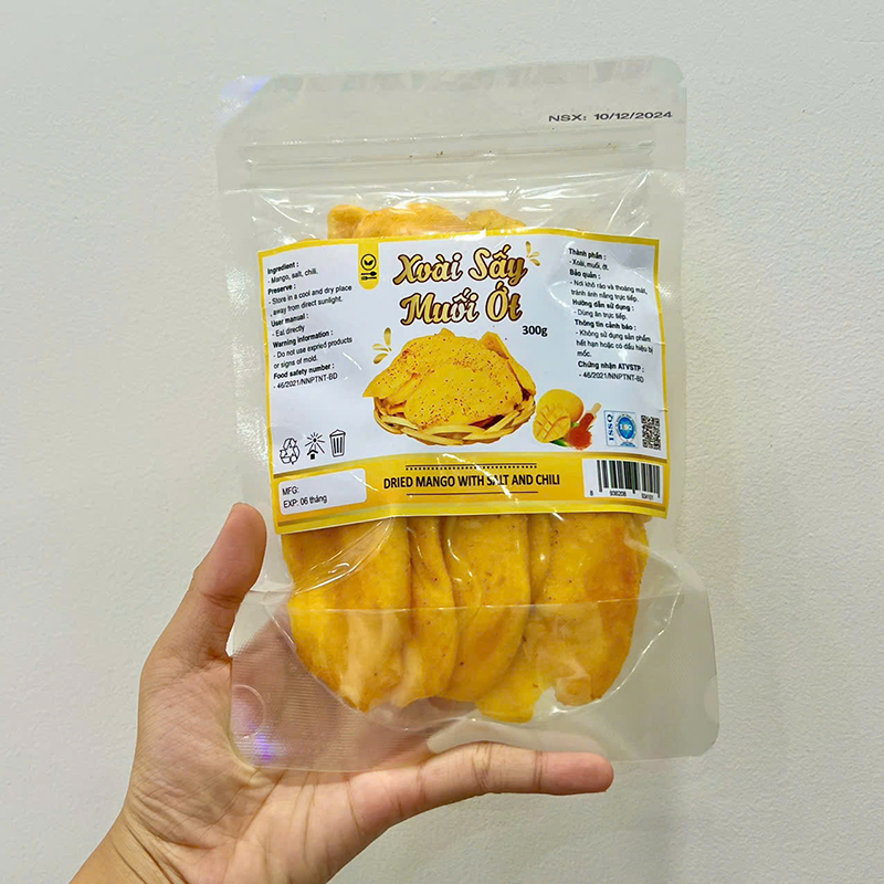 Mặt trước bao bì với thông tin khối lượng và cách bảo quản