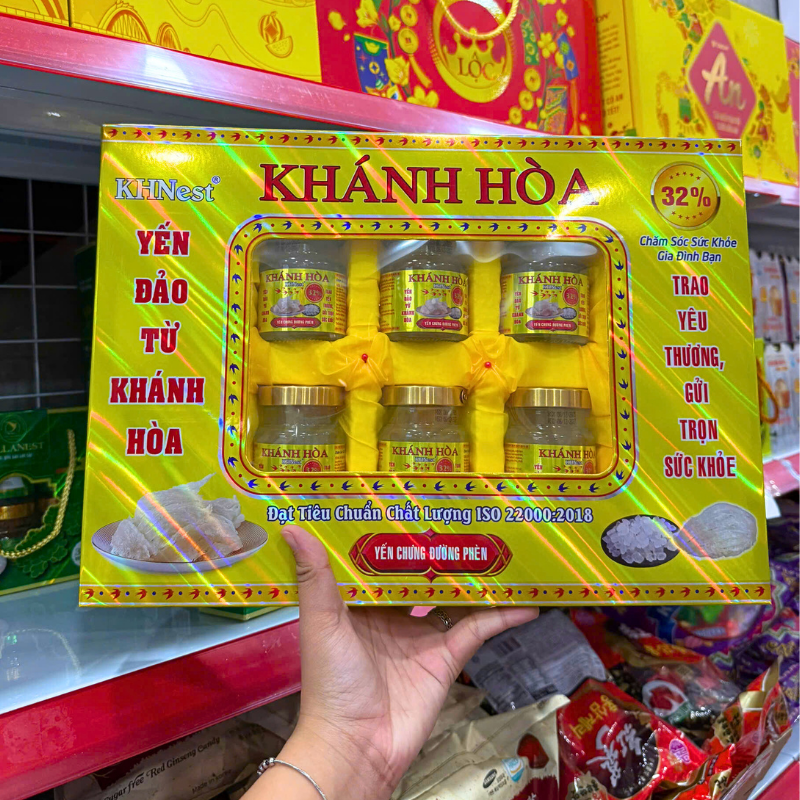Yến Chưng Đường Phèn Khánh Hòa KHNest 32% Hộp Vàng 6 Hũ 70ml