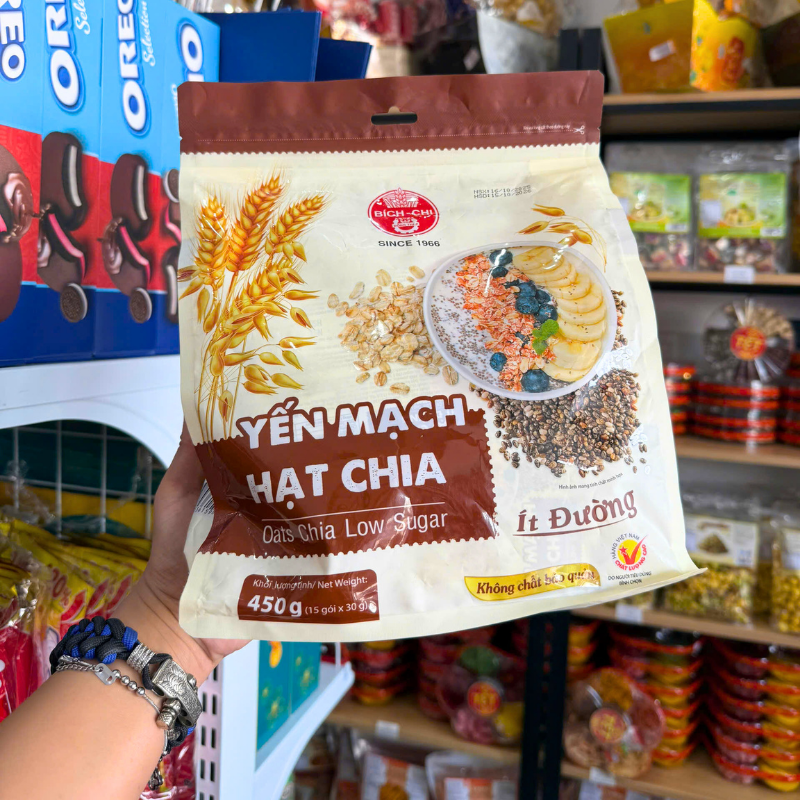 Mặt trước bao bì với quy cách 450g gồm 15 gói x 30g