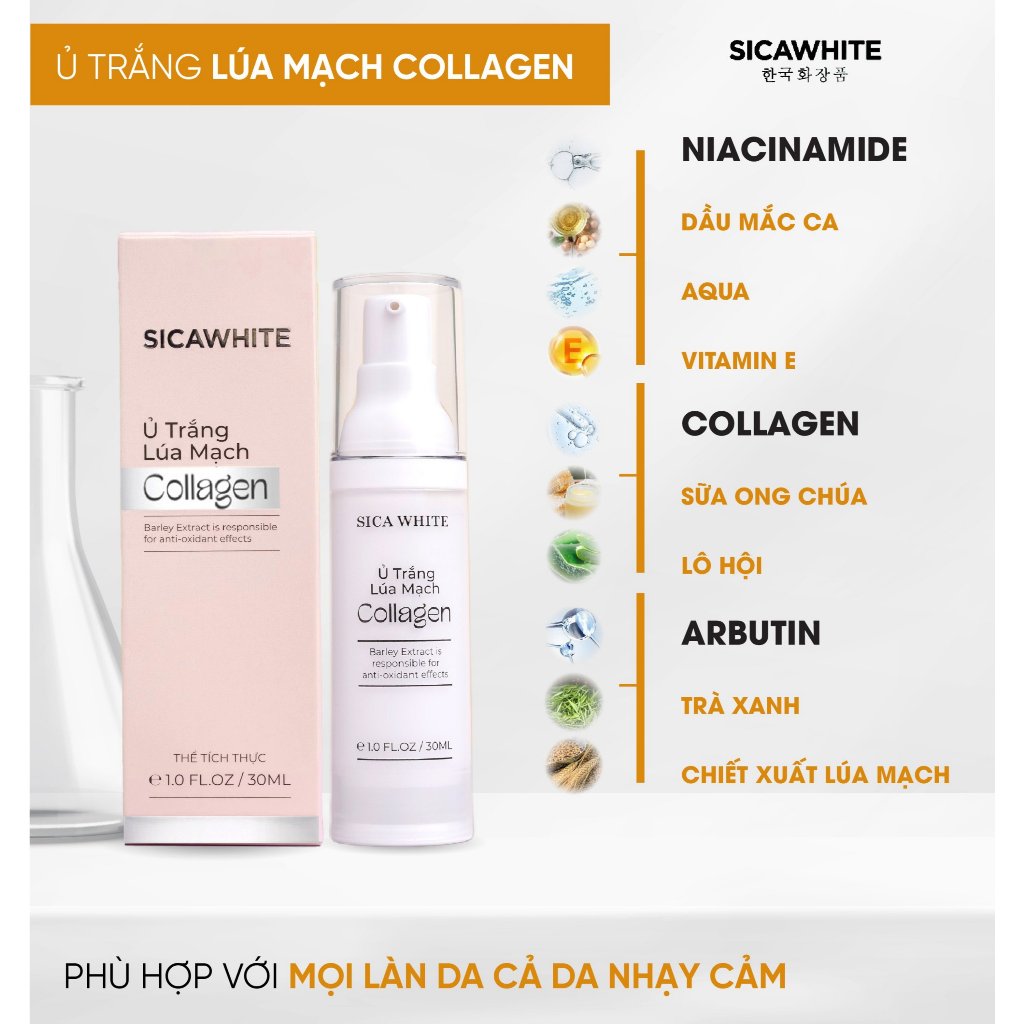 Kem Ủ Trắng Lúa Mạch Collagen Sica White  cho hiệu quả nhanh,sáng tự nhiên mà không làm yếu Da bào mòn Da