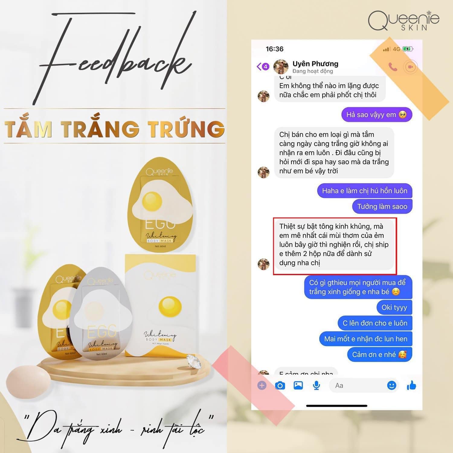 Bật tone ngay lần đầu sử dụng set tắm trắng trứng QUEENIE SKIN