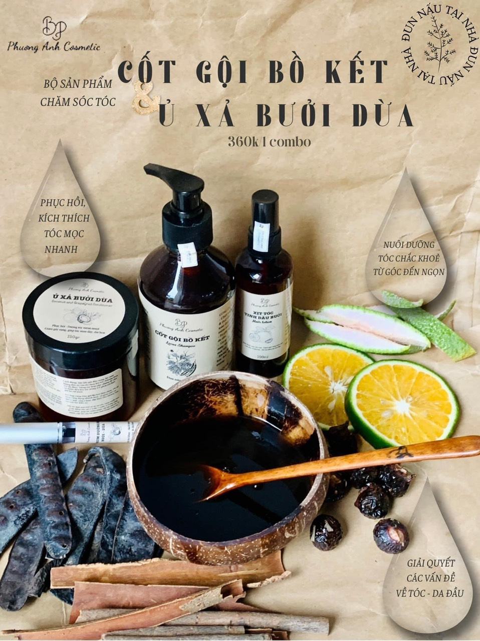 Combo cốt gội bồ kết ủ xả bưởi dừa đun nấu thủ công cho mái tóc chắc khỏe