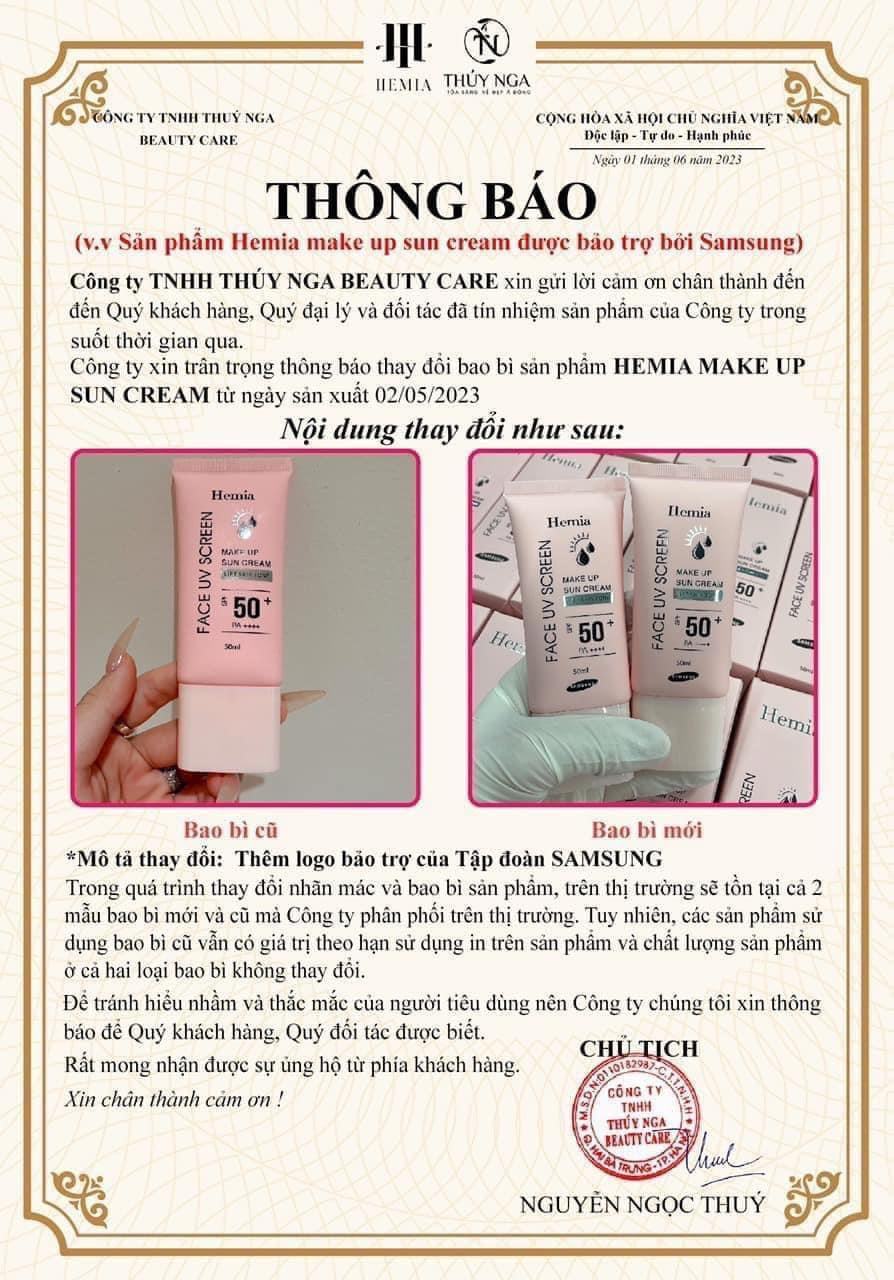 Công ty Thuý Nga Beauty Care thông báo về diện mạo hiện tại của Kem chống nắng Hemia