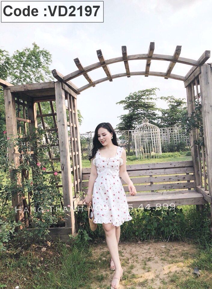 Đầm voan 2 dây kết bèo in hoa