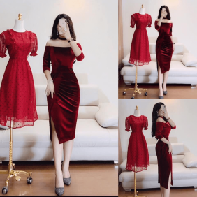 Xưởng sỉ đầm body đỏ vải nhung trễ vai xẻ đùi