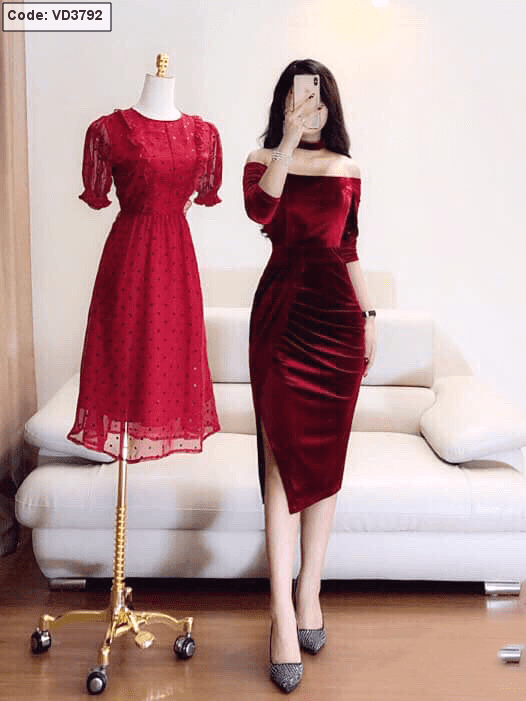 Váy body đỏ trễ vai hoa dự tiệc V7146 | The Queen Fashion