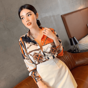 Sơ mi nữ họa tiết màu cam Big Size 65kg