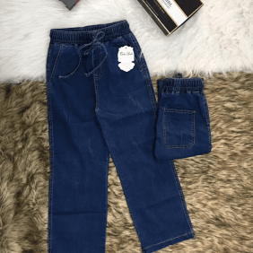 Quần jean nữ ống rộng xanh đậm xước
