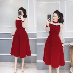 Đầm nhung đỏ xòe tay phối lưới bi giá sỉ