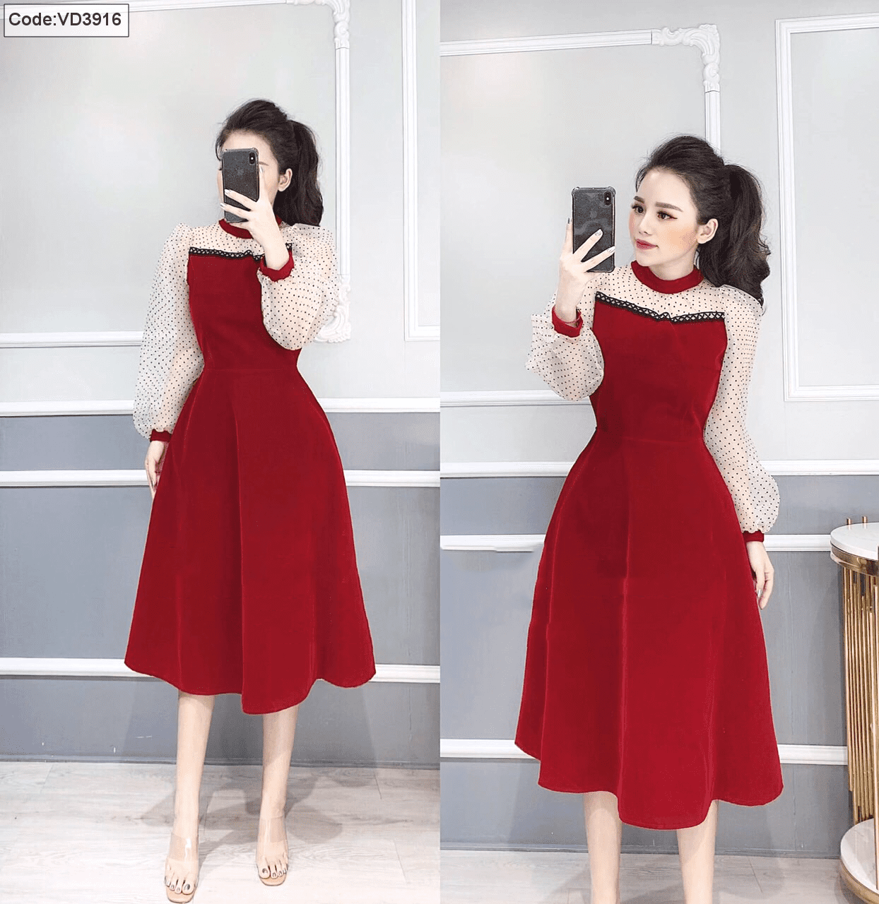 Đầm nhung đỏ xòe tay phối lưới bi giá sỉ - ANN.COM.VN