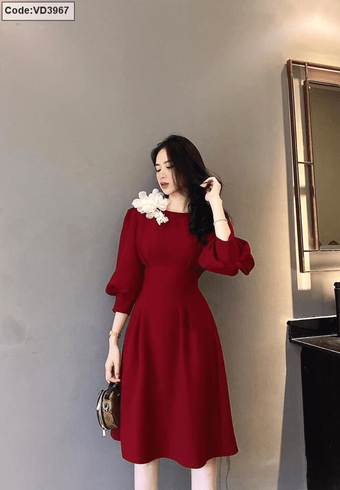 Váy nhung đỏ tay bồng, váy nhung xòe tay bồng, váy đi cưới | Shopee Việt Nam