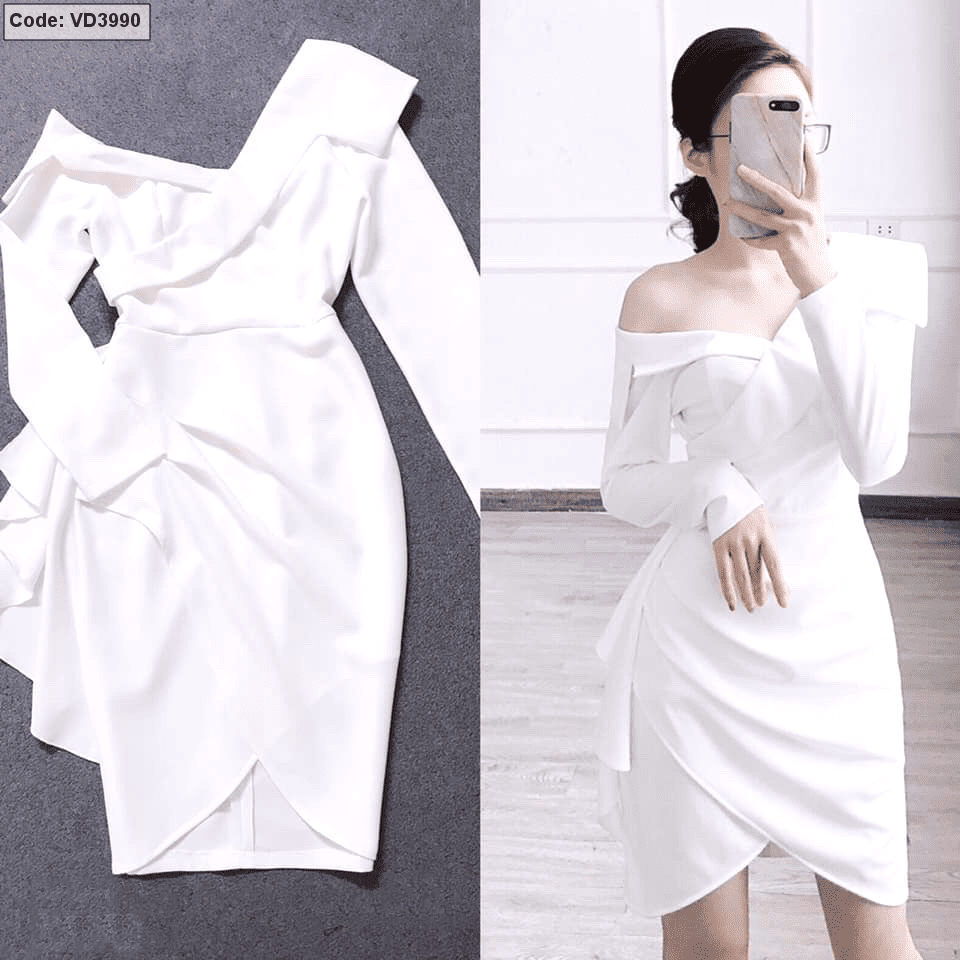 Đầm trắng body cổ đắp chéo cài logo - Nhập Sỉ Online