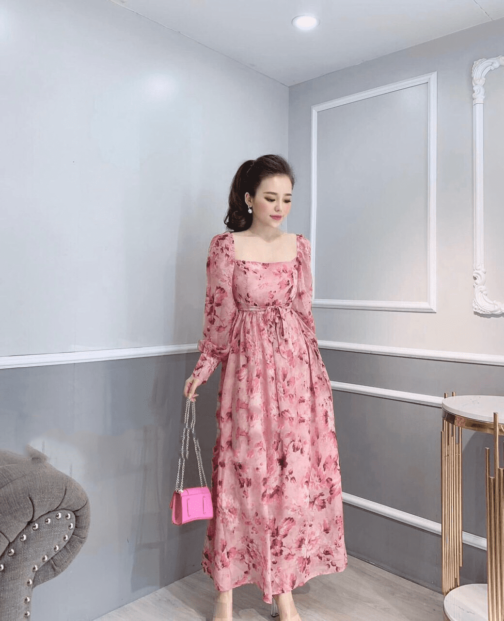 Váy Voan Hoa Tay Dài Chiết Eo Xinh Xắn hàng 2 lớp loại 1 Đầm Xoè Hottrend   MixASale