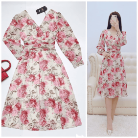 Đầm xòe hoa vải voan mỏng in hoa