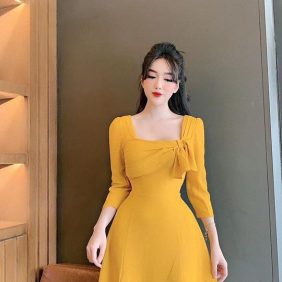 Đầm xòe tay lỡ cổ vuông bèo nơ