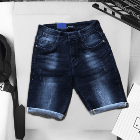 Quần short jean nam màu xanh xước nhẹ co giãn