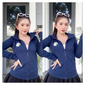 Áo khoác nữ có nón thêu hoa cúc vải gân