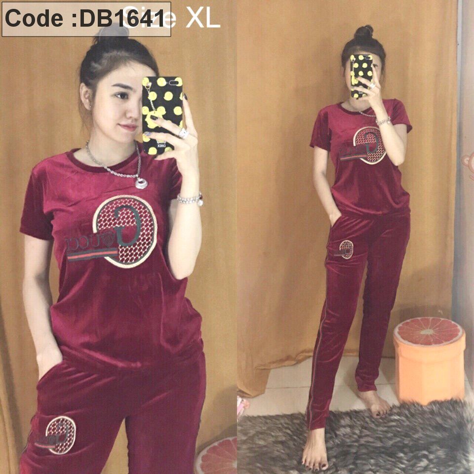 Set nhung quần dài tay ngắn viền sọc
