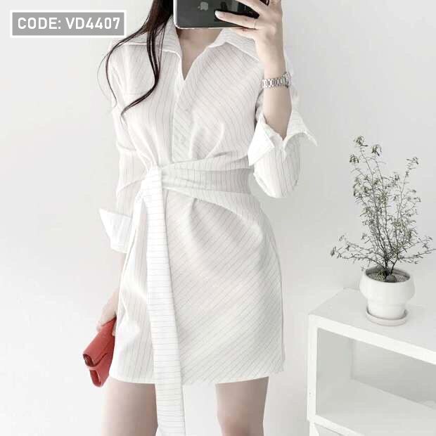 Đầm sơ mi trắng vải sọc tay dài cột eo - ANN.COM.VN