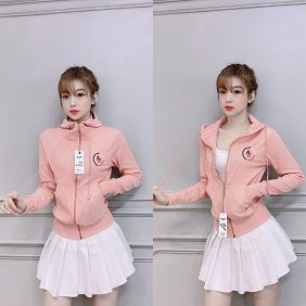 Áo khoác nữ có nón thun gân thêu logo