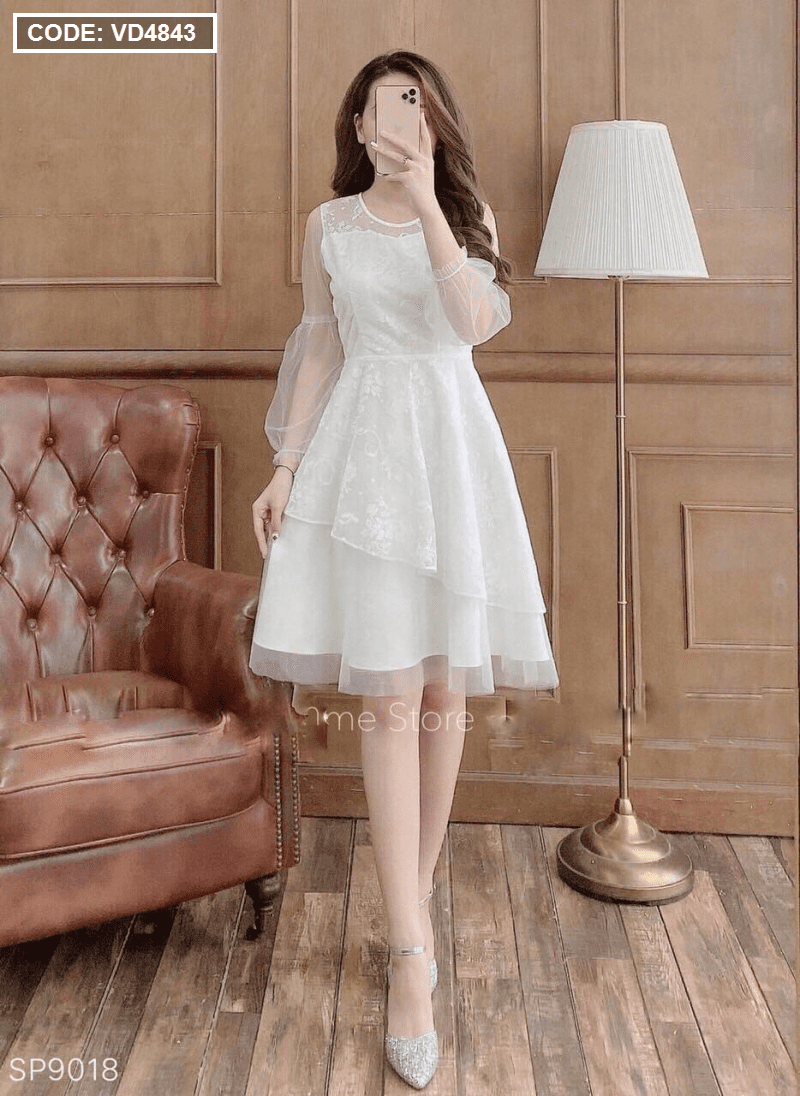 Đầm ren trắng xòe bẹt vai tay dài quyến rũ - DN480 - AloraShop21