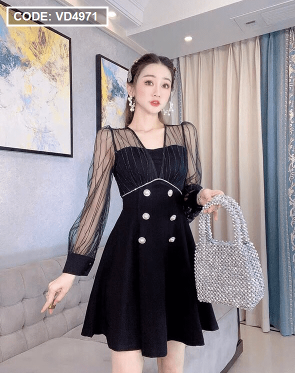 Đầm Kara Dress đen dáng xòe phối tay voan LUXD020