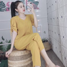Đồ bộ nữ áo dập ly cổ tim quần dài - DB5575