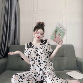Đồ bộ nữ tay ngắn quần dài cổ viền vải lụa cao cấp - DB5760
