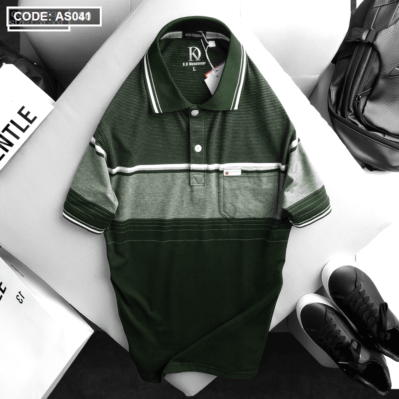 Áo Thun Sọc Nam Có Cổ Phối Viền Có Túi Thun Cotton