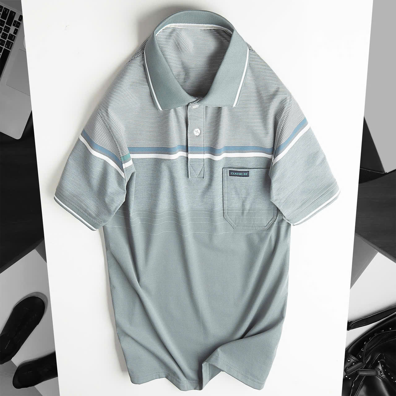 Áo Thun Sọc Nam Có Cổ Phối Viền Có Túi Thun Cotton