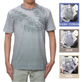 Áo Thun Nam Sọc Cổ Tròn In Họa Tiết Lá Dừa - AB390