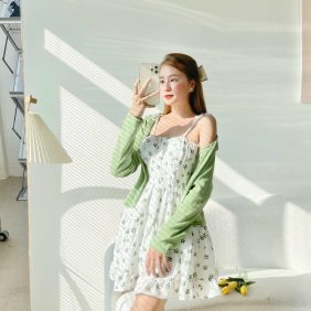 Set đầm 2 dây hoa kèm áo khoác xanh lá - VD5422