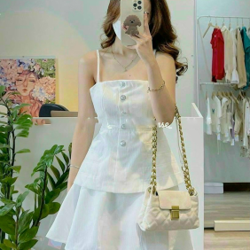 Set áo 2 dây nút xịn phối chân váy xòe - VD5601